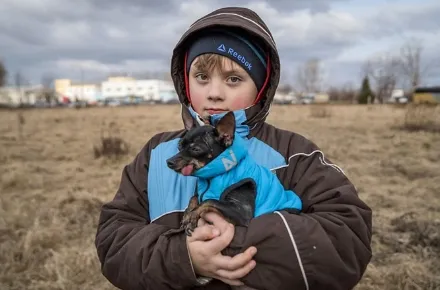 Ein Junge mit ernstem Blick, gekleidet in eine braune Jacke und eine blaue Kappe mit der Aufschrift 'Brook', hält liebevoll einen kleinen Hund, der ein blaues Mäntelchen trägt. Sie stehen auf einem kargen Feld mit trockenem Gras, und im Hintergrund ist ein bewölkter Himmel und eine städtische Silhouette zu erkennen.